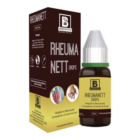 RHEUMANETT Homeopathic Drops for Joint Health 30ml bottle of RHEUMANETT drops, a homeopathic remedy for rheumatic complaints and gout, displayed alongside its packaging and dosage instructions.