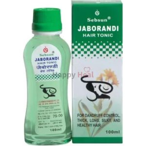 A bottle of Sebsun Jaborandi Hair Tonic with green liquid, labeled for dandruff control and promoting healthy hair, alongside its packaging.