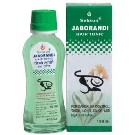 A bottle of Sebsun Jaborandi Hair Tonic with green liquid, labeled for dandruff control and promoting healthy hair, alongside its packaging.