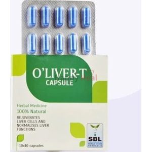 Packaging of O'Liver-T capsules, featuring blue capsules in a blister pack, promoting liver rejuvenation and health.