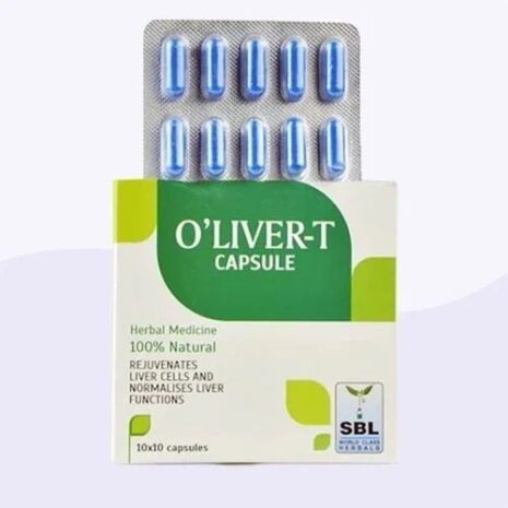Packaging of O'Liver-T capsules, featuring blue capsules in a blister pack, promoting liver rejuvenation and health.