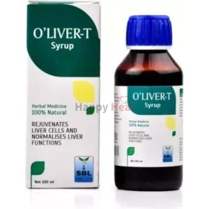 Bottle of O'Livert-T syrup alongside its packaging, promoting liver rejuvenation and normal functions.