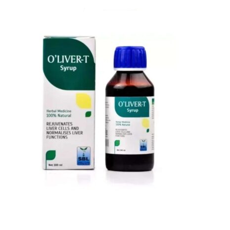Bottle of O'Livert-T syrup alongside its packaging, promoting liver rejuvenation and normal functions.