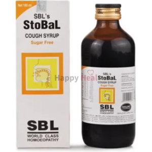 Bottle of SBL StoBal sugar-free cough syrup with packaging displayed, featuring a yellow label and brand logo.