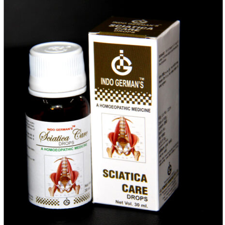 A 30ml bottle of homeopathic medicine for sciatica, alongside its packaging displaying anatomical diagrams and brand information.