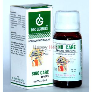 Bottle of Sino Care Sinus Drops with packaging, indicating usage for sinus health, featuring ingredient details and indications.