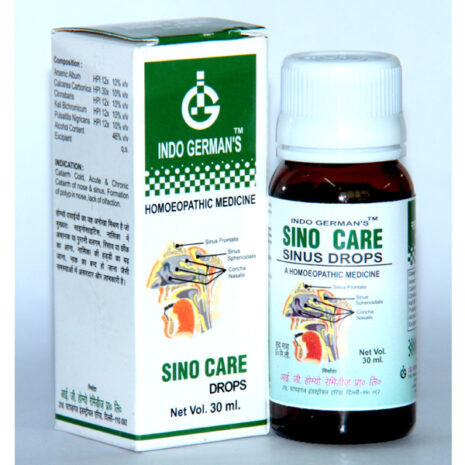 Bottle of Sino Care Sinus Drops with packaging, indicating usage for sinus health, featuring ingredient details and indications.