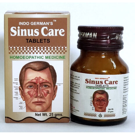 A boxed and bottled homeopathic medicine for sinus relief, displaying labeled graphics and an illustration of sinus anatomy.
