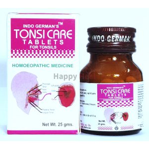 A bottle of homeopathic medicine with packaging detailing its use for tonsil care, showing a diagram of the throat anatomy.