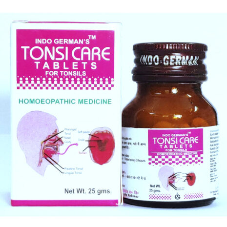A bottle of homeopathic medicine with packaging detailing its use for tonsil care, showing a diagram of the throat anatomy.