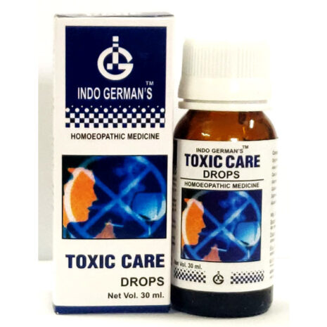Toxic Care Homeopathic Drops A 30 ml bottle of Indo German's Toxic Care homeopathic medicine alongside its packaging, designed for detoxification purposes.