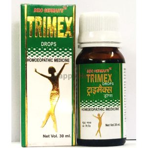 A bottle of Trimex homeopathic medicine drops alongside its packaging, featuring a silhouette design and essential product information, including volume and brand name.