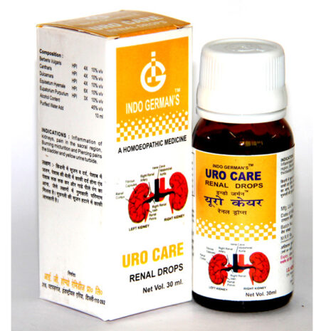 Uro Care Renal Drops by Indo German's Homeopathic kidney health remedy in a 30ml bottle with packaging information and composition details.