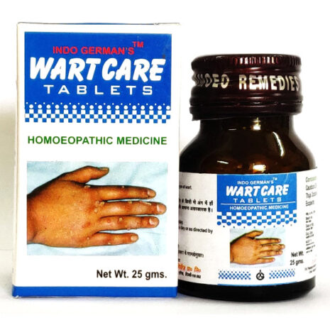 Packaging of Indo German's Wart Care Tablets alongside a bottle, featuring an image of a hand with warts.