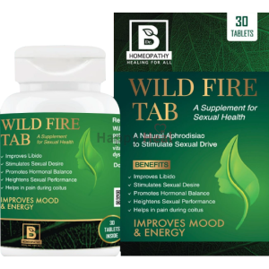 A bottle and box of Wild Fire Tab, a homeopathic supplement designed to enhance libido and sexual health, highlighting benefits such as improved mood and energy.
