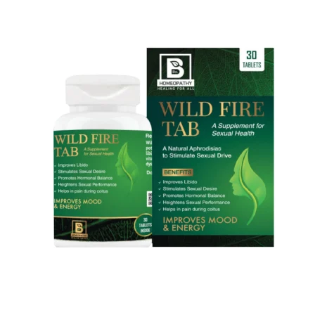 Wild Fire Tab: A Natural Supplement for Sexual Health A bottle and box of Wild Fire Tab, a homeopathic supplement designed to enhance libido and sexual health, highlighting benefits such as improved mood and energy.