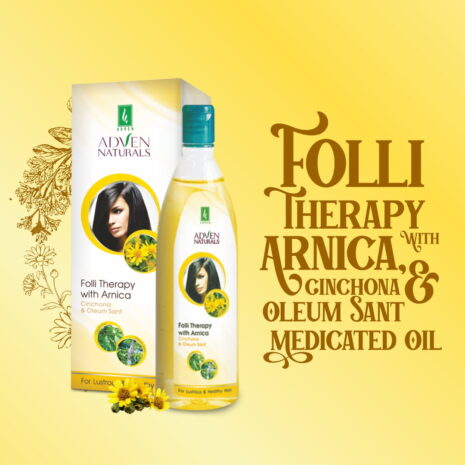 Adven Naturals Folli Therapy with Arnica Oil A bottle of Adven Naturals Folli Therapy with Arnica, Cinchona, and Oleum Sant, displayed alongside its packaging on a yellow background.