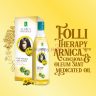 A bottle of Adven Naturals Folli Therapy with Arnica, Cinchona, and Oleum Sant, displayed alongside its packaging on a yellow background.
