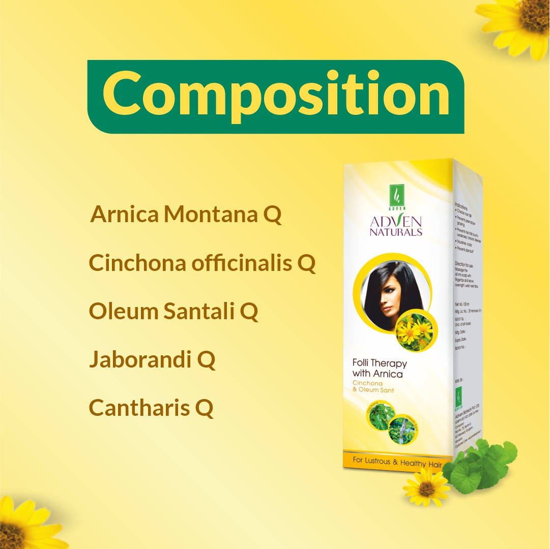 List of ingredients including Arnica Montana, Cinchona officinalis, Oleum Santali, Jaborandi, and Cantharis for hair health.