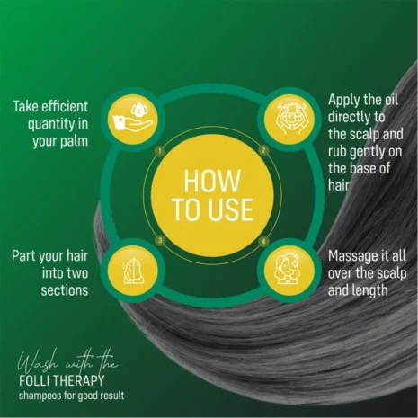 How to Use Folli Therapy Oil Instructions for applying Folli Therapy oil to the scalp and hair, including steps like taking the right quantity, parting hair, and massaging.