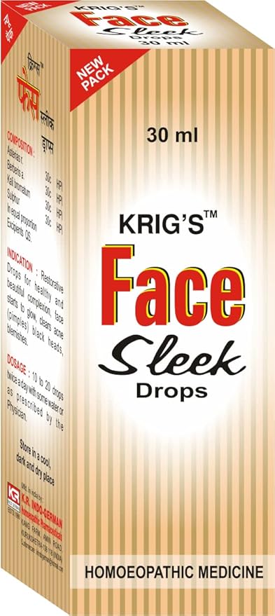 A 30 ml box of Krig's Face Sleek Drops, featuring a striped design with bold text highlighting the product name and indications for use in restoring facial health.