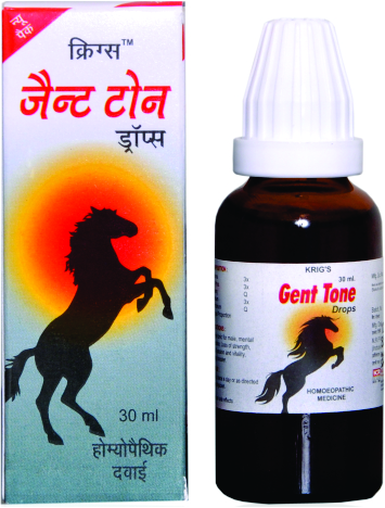 An image showing a bottle of Gent Tone homeopathic drops alongside its packaging, featuring a silhouette of a horse and information in Hindi and English.