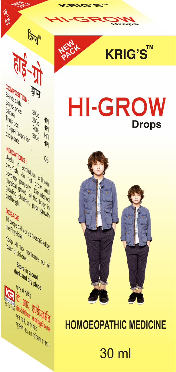 Packaging for HI-GROW Drops, a homeopathic medicine designed for children's growth, featuring two boys in casual attire on the label.