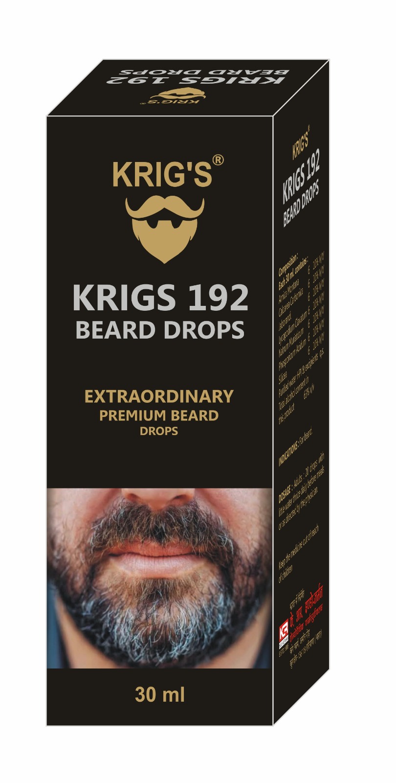 A box of Krig's 192 Beard Drops prominently displaying its name, with details about the product and its uses, alongside an image of a man with a full beard.