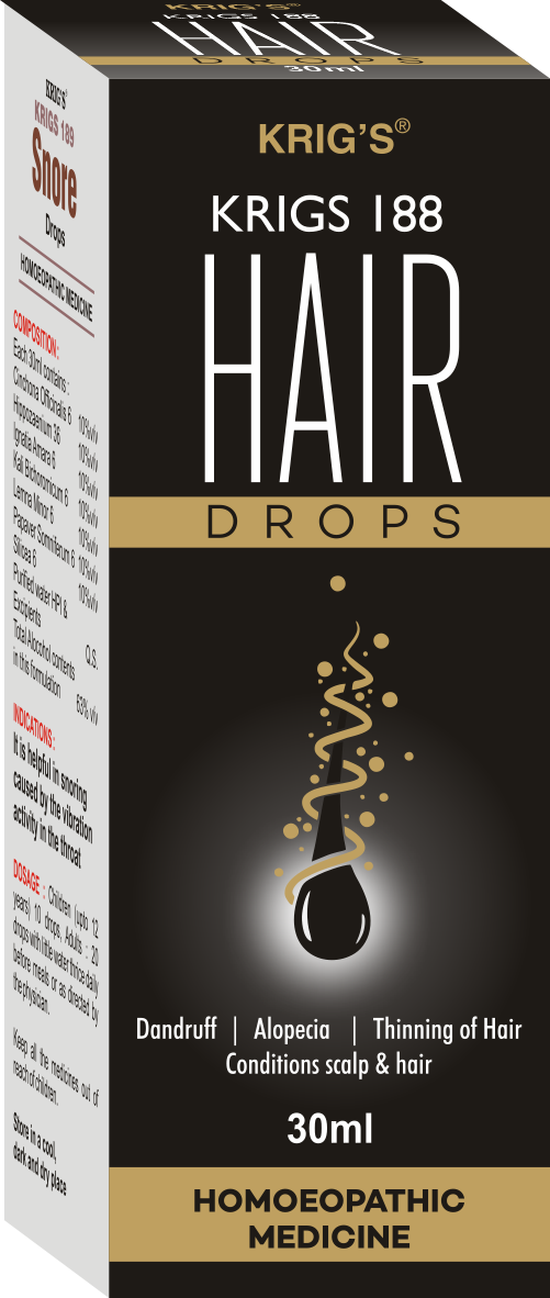 Label of Krig's Hair Drops showcasing composition, benefits for thinning hair, dandruff, and alopecia in a 30ml bottle.